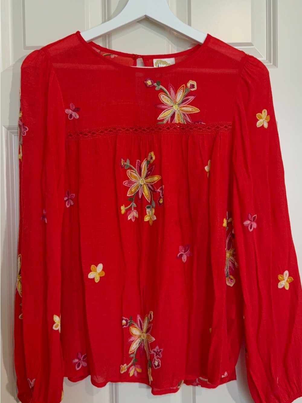 fig and flower Red Floral Embroidered Long-Sleeve Blouse